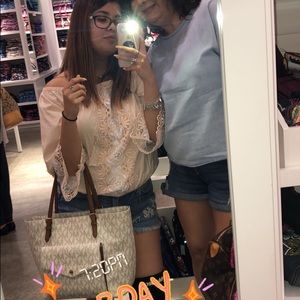 Express off the shoulder light peach lace top